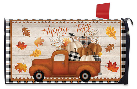 Briarwood Lane's Happy Fall Pickup Truck mailbox cover with colorful autumn design and checkered accents.
