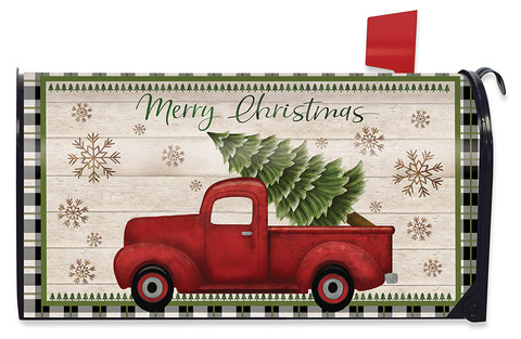 Briarwood Lane Merry Christmas Pickup Truck Mailbox Cover with spruce tree and snowflakes design.