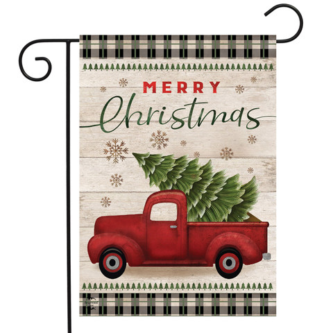 Briarwood Lane Merry Christmas garden flag with red truck, spruce, and checkered border design.