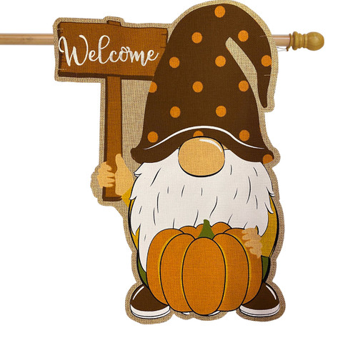 Briarwood Lane fall gnome holding pumpkin and welcome sign, colorful autumn decorative yard display.