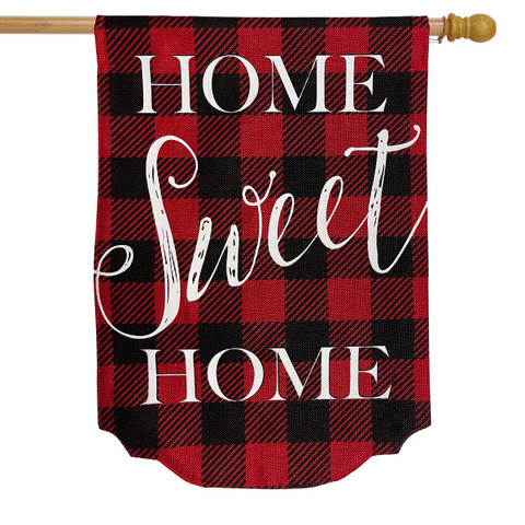 Red Checkered Home Sweet Home Burlap Flag by Briarwood Lane, black red plaid decorative seasonal display.