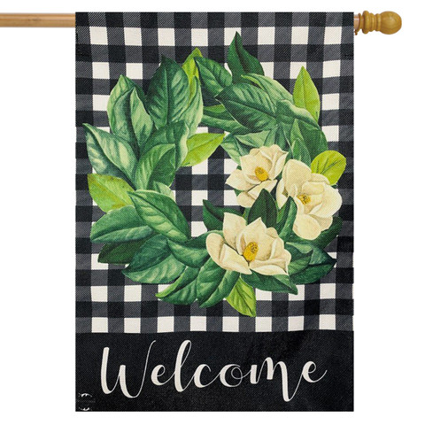 Briarwood Lane Magnolia Wreath Burlap House Flag with black, white checkered and floral welcome design.