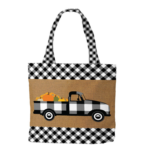 Briarwood Lane black checkered canvas tote bag with truck and pumpkins print, perfect for autumn.
