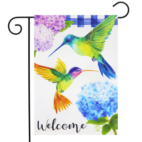Briarwood Lane small printed garden flag with colorful hummingbirds and hydrangeas for springtime porch display.