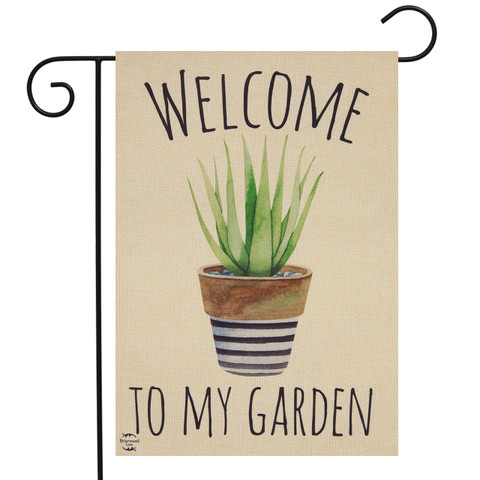 Briarwood Lane small striped garden pot spring burlap garden flag with colorful cheery welcome design.