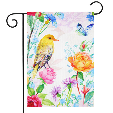 Briarwood Lane small printed garden flag with colorful springtime bird and floral design for porch display.