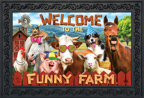 Briarwood Lane Funny Farm Summer Doormat with colorful farm animals and welcome text.