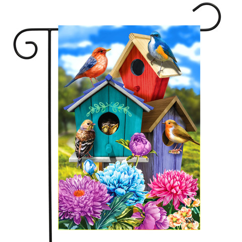 Briarwood Lane Colorful Birdhouses Spring Garden Flag with bright birds, flowers, and small decorative birdhouses.