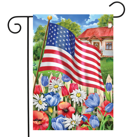 Briarwood Lane Americana Garden Flag with patriotic American flag and flowers in red, white, and blue.