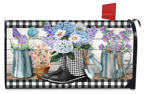 Briarwood Lane Checkered Garden Boots Spring Mailbox Cover with colorful flowers and garden boots design.