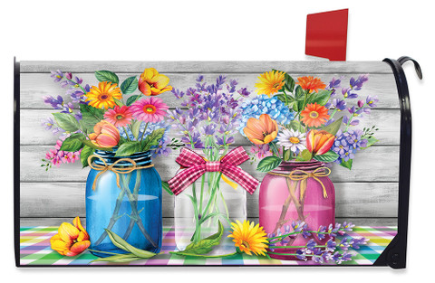 Briarwood Lane Spring Floral Jars Rustic Mailbox Cover with colorful mason jars and flower arrangement.