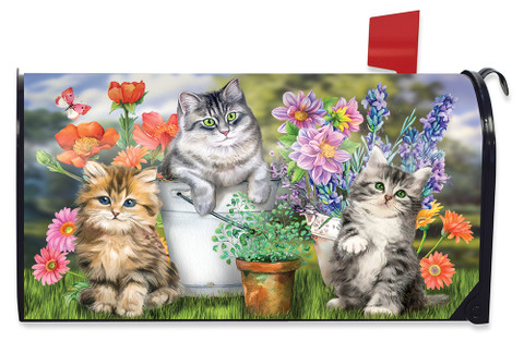 Briarwood Lane Garden Cats Spring Mailbox Cover with colorful kittens and flowers design.