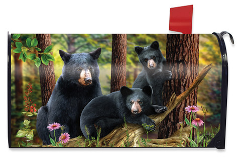 Briarwood Lane Black Bear Family Nature Mailbox Cover with forest scenery and pink flowers design.