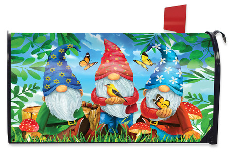 Briarwood Lane Gnome Sweet Gnome Spring Mailbox Cover with colorful garden gnomes and floral design.