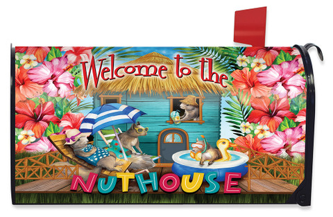 Briarwood Lane Summer Nuthouse Humor Mailbox Cover with colorful tropical design and cartoon squirrels.