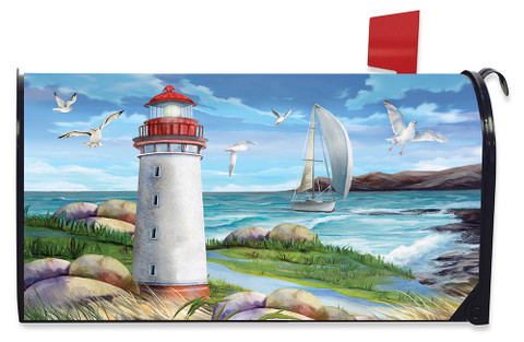 Briarwood Lane Coastal Lighthouse Summer Mailbox Cover with sailboat and seagulls on a serene coastal scene.
