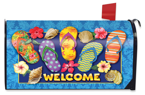 Briarwood Lane Paradise Flip Flops Summer Mailbox Cover with colorful flip flops and seashells design.