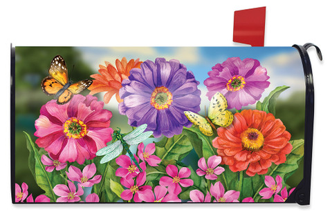 Briarwood Lane Zinnias In Bloom colorful spring mailbox cover with butterflies and dragonflies on vibrant flowers.