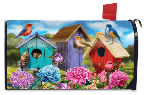 Briarwood Lane Colorful Birdhouses Spring Mailbox Cover with vibrant birds and flowers design.