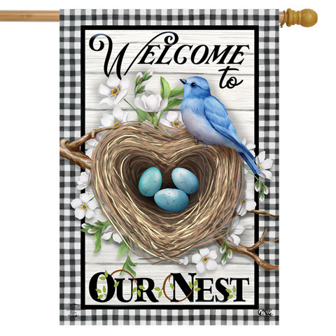 Briarwood Lane Welcome To Our Nest house flag with bird, nest, eggs, and floral design.