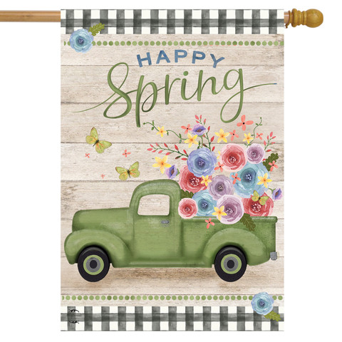 Briarwood Lane Happy Spring green pickup truck house flag with colorful flowers and butterflies design.