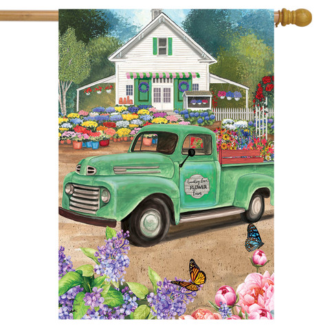 Briarwood Lane Flower Farm Spring House Flag with green truck and colorful flowers design.