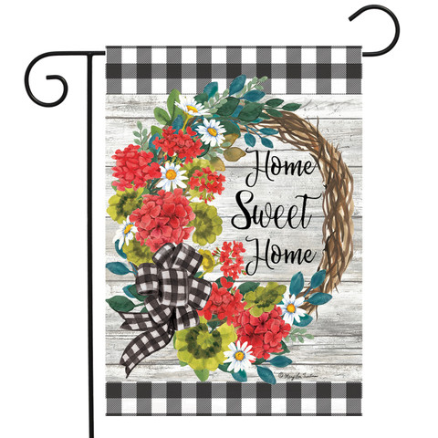 Briarwood Lane small printed garden flag with colorful geranium wreath and Home Sweet Home porch decor.