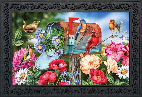 Briarwood Lane Birds And Mailbox Spring Doormat, colorful, printed decorative mat for porch or backyard display.