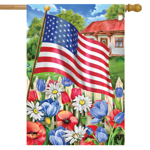 Briarwood Lane Americana Garden Summer House Flag with patriotically decorated American flag and colorful flowers.