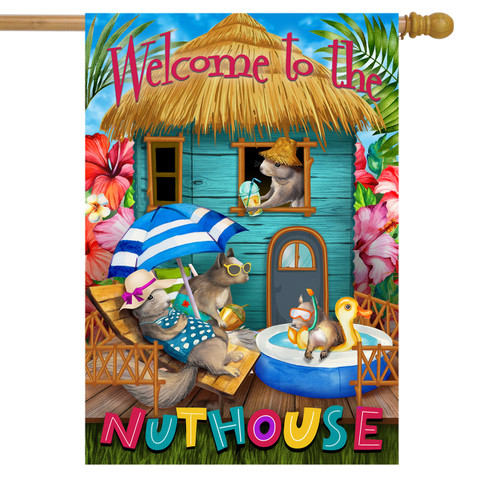 Briarwood Lane Summer Nuthouse Humor House Flag with colorful, cheery design for spring and summer.