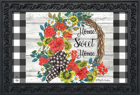 Briarwood Lane Geranium Wreath Summer Doormat with colorful floral design and Home Sweet Home text.