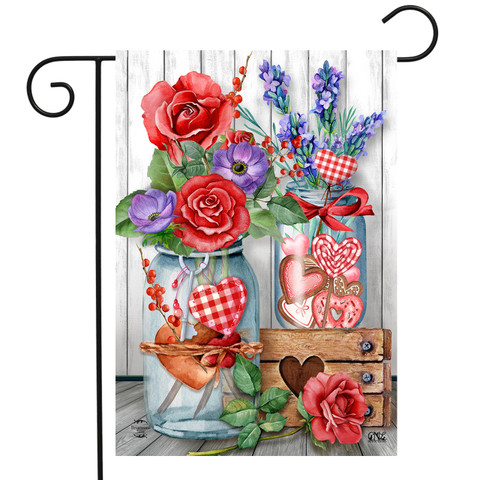 Briarwood Lane Love Filled Mason Jars Valentine's Day flag with hearts, pink roses, and colorful design.