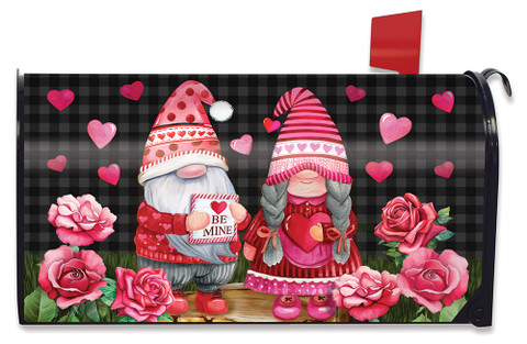 Briarwood Lane Valentine's Gnomes Humor Mailbox Cover with pink roses and hearts.
