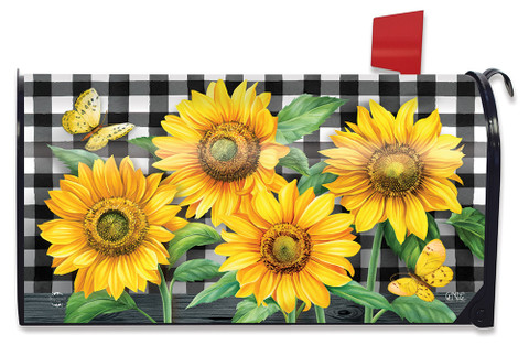 Briarwood Lane checkered sunflowers summer mailbox cover with colorful printed design for springtime and summer decor.