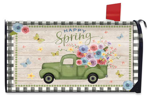 Briarwood Lane Happy Spring Pickup Truck Floral colorful mailbox cover with green truck and flowers.