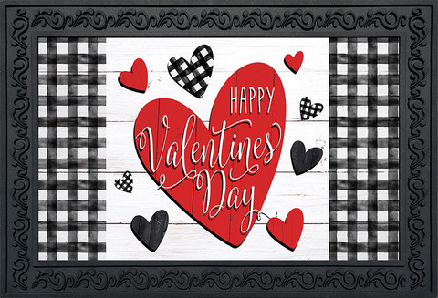 Briarwood Lane Checkered Valentine Doormat with pink and red hearts and Happy Valentines Day text.