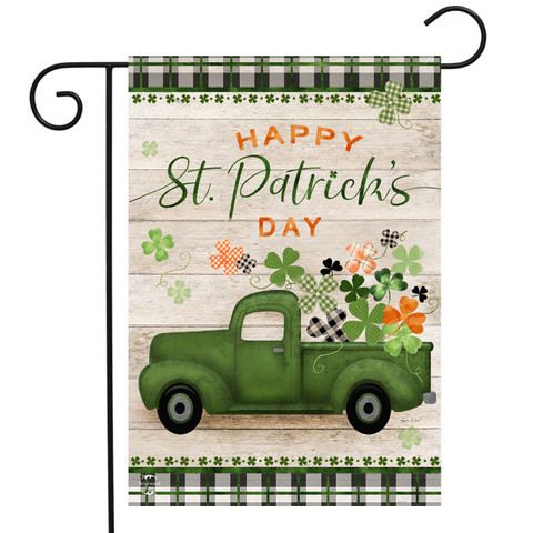 Briarwood Lane St. Pat's Pickup Holiday Garden Flag with green truck and colorful shamrocks.