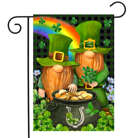Briarwood Lane Irish Gnomes St. Patrick's Day garden flag with gold accents and shamrock design.