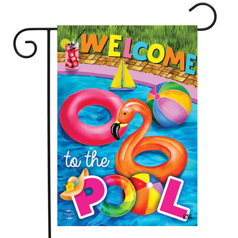 Briarwood Lane Welcome To The Pool colorful garden flag with bright summer and springtime decorations.