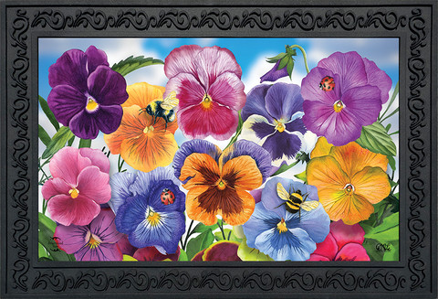 Briarwood Lane Pansies Spring Doormat with colorful pansy flowers and green leaves on blue background.