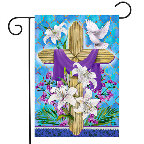 Briarwood Lane Easter Lily Cross Holiday Garden Flag with Christian cross and lilies on colorful background.