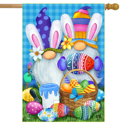 Briarwood Lane Easter Gnomes Holiday House Flag with colorful gnomes and Easter eggs on a spring background.