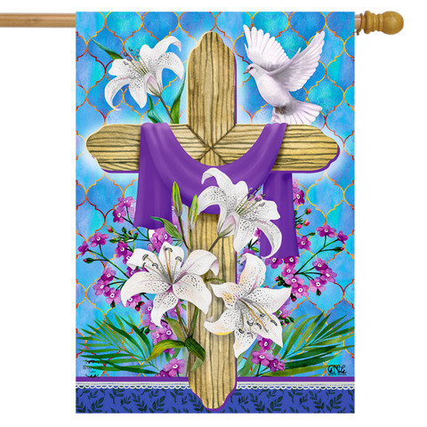 Briarwood Lane Easter Lily Cross flag with purple cloth, white lilies, and dove, symbolizing holy spirit.