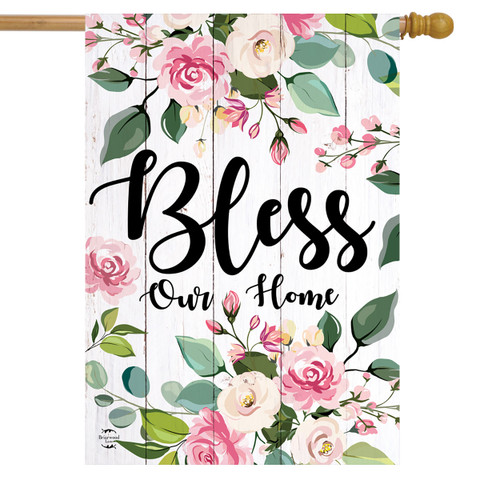 Briarwood Lane double-sided house flag with Bless Our Home and colorful spring floral design.