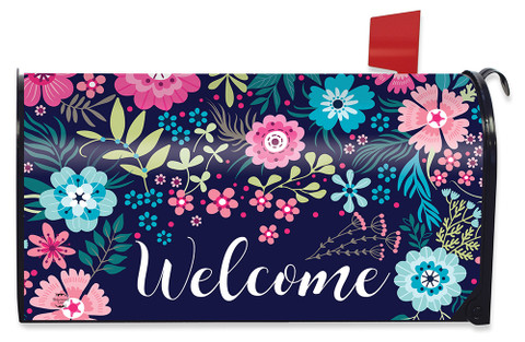 Briarwood Lane Bright Floral Spring Mailbox Cover with colorful flowers and 'Welcome' on navy background.