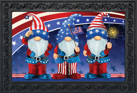 Briarwood Lane Patriotic Gnomes Doormat with red, white, and blue gnomes and American stars and stripes.