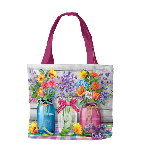 Briarwood Lane Spring Floral Jars colorful tote bag with vibrant flowers and decorative jars design.