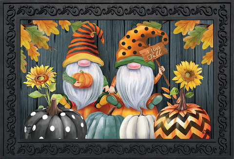 Briarwood Lane Fall Gnomes Humor Doormat with colorful gnomes, pumpkins, and sunflowers on wood background.