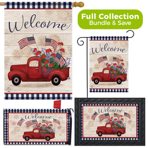 Briarwood Lane Stars and Stripes Truck Patriotic Design Collection garden flag, doormat and mailbox cover set.