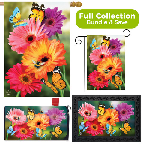 Briarwood Lane Garden Gerber Daisies Spring Design Collection decorative garden flag set with butterflies and flowers.